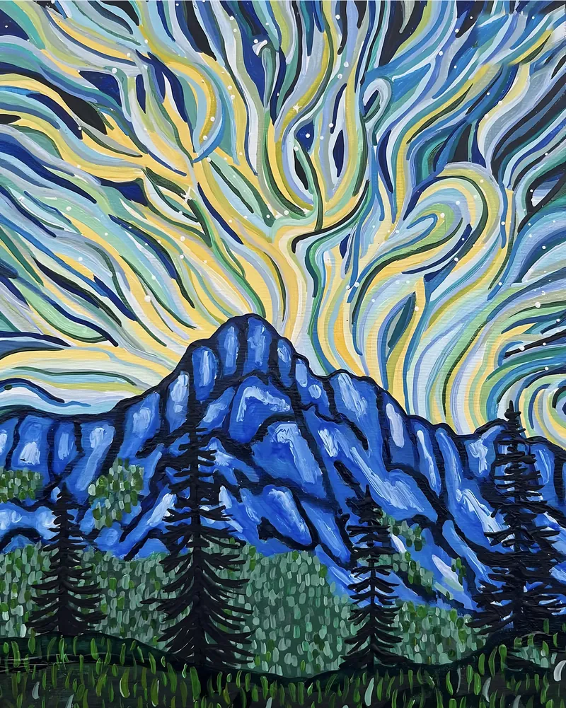 Blauer Berg mit Tannen unter einem Himmel aus geschwungenen Linien in Gelb und Blau